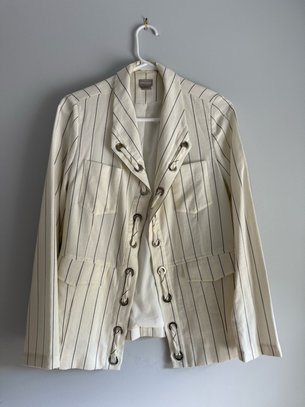 Chico's Cream/White Jacket with Black Pinstripes and Grommet Detail